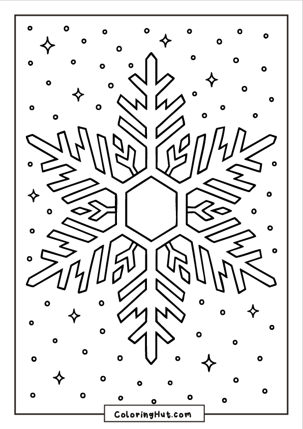 A bold geometric snowflake with sharp angular branches, set against a background of small stars and dots.
