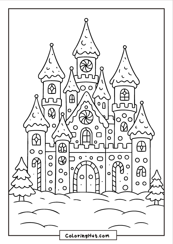 A large gingerbread castle with multiple towers, icing trim, candy windows, and snowy hills and pine trees around it.