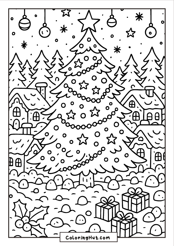 A decorated Christmas tree standing in the center of a gingerbread-style village with snowy houses, gifts, candy canes, ornaments, and stars.