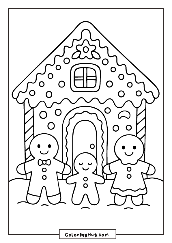 A gingerbread family of three standing in front of a decorated gingerbread house with icing trim and candy details.