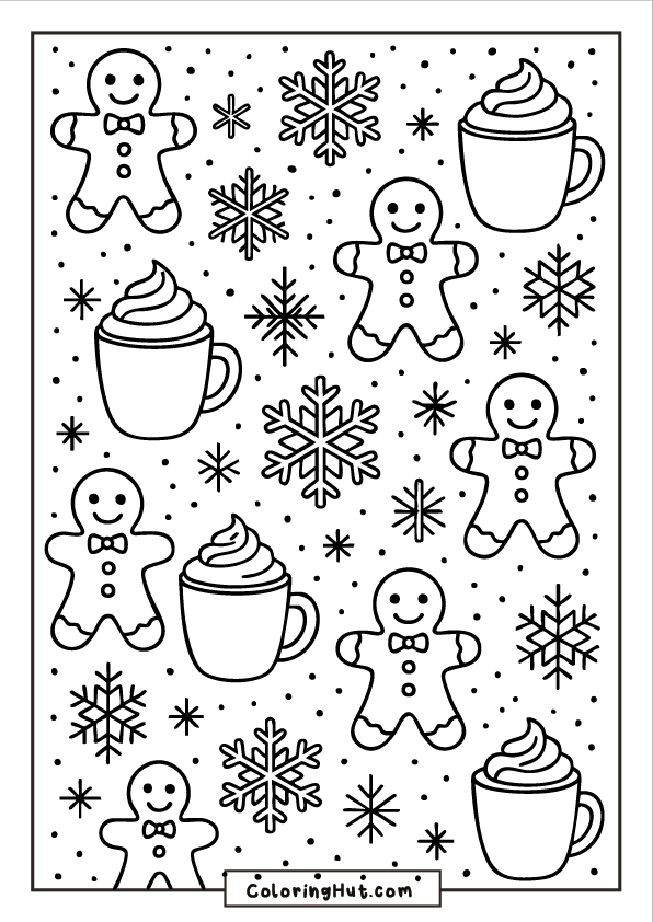 A repeating pattern of gingerbread characters, hot cocoa mugs, small snowflakes, and scattered dots arranged across the page.