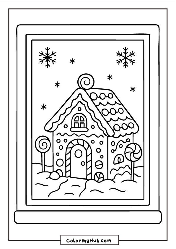 A snowy gingerbread house with candy decorations viewed through a window frame with falling snowflakes.