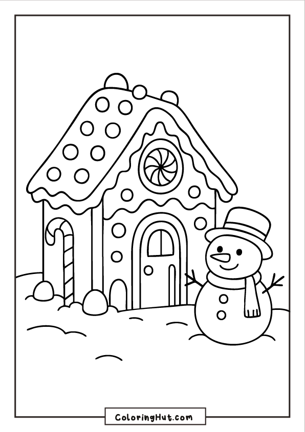 A gingerbread house with icing roof and candy details standing beside a friendly snowman wearing a hat and scarf.