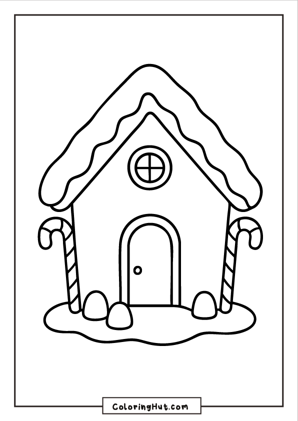 A simple gingerbread house with an icing roof and two candy canes standing beside the doorway on a snowy base.