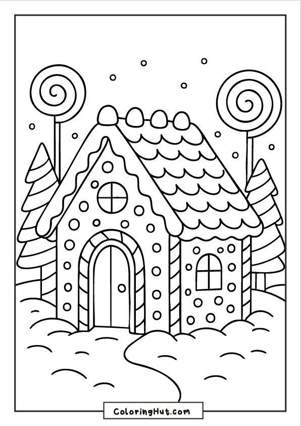 A gingerbread house decorated with icing details surrounded by tall lollipop-shaped trees and snow-covered ground.