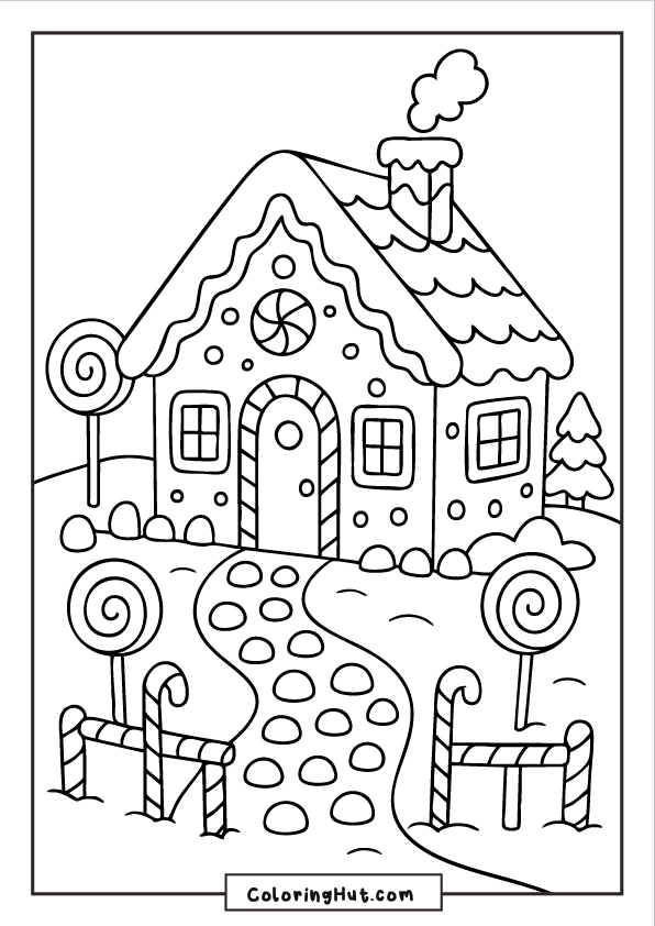 A detailed gingerbread house with candy decorations, a pebble path, and large lollipops standing along the walkway.
