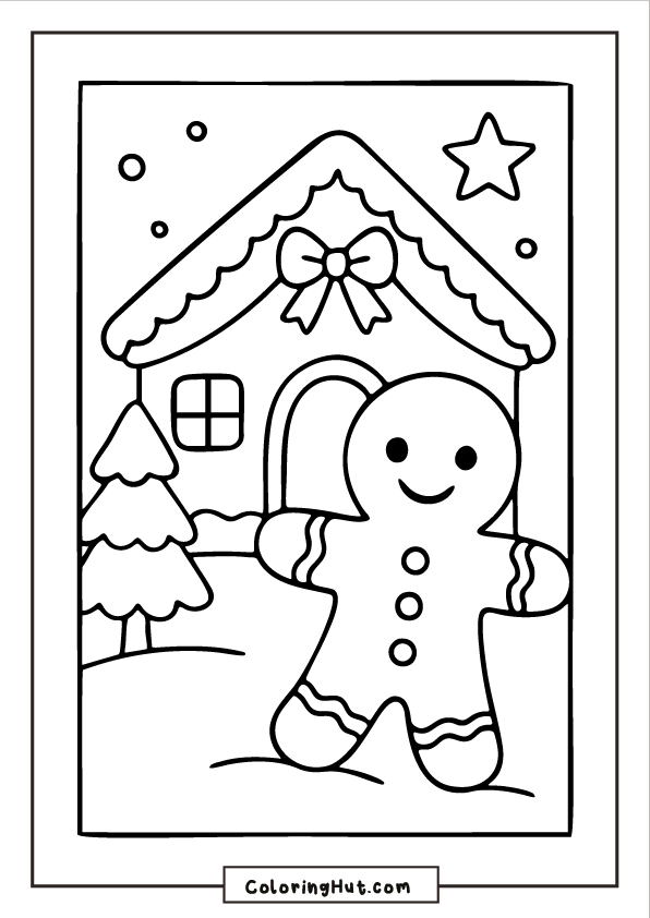 A smiling gingerbread man standing in front of a decorated gingerbread house with icing trim, a bow, snowy ground, and a winter tree.