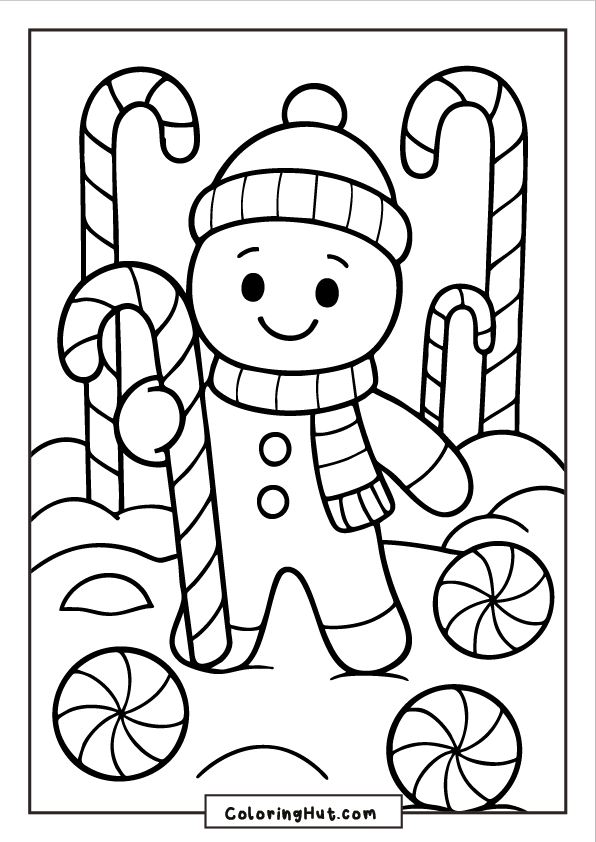 A cheerful gingerbread man in a winter hat and scarf holding a large candy cane, surrounded by peppermint candies and tall candy canes.