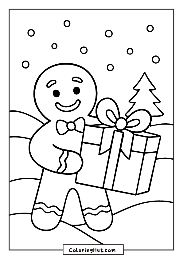 A happy gingerbread man carrying a wrapped gift with a large bow, standing on snowy hills with falling snow and a pine tree in the background.