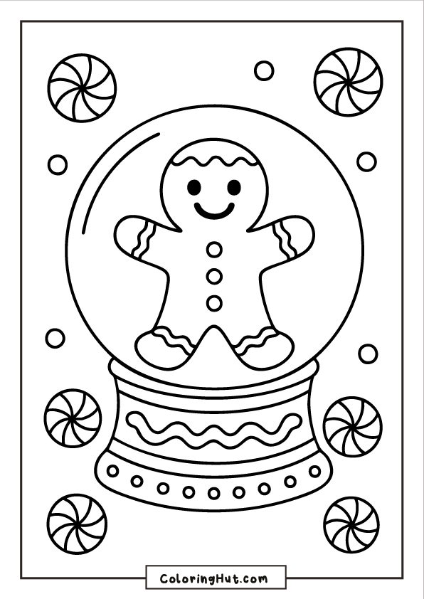 A snow globe featuring a smiling gingerbread man, surrounded by peppermint candies and falling snow.