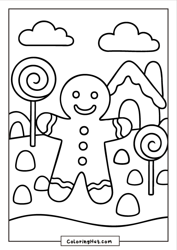 A cheerful gingerbread man standing in a candy village with large lollipops, gumdrop hills, and a gingerbread-style house in the background.