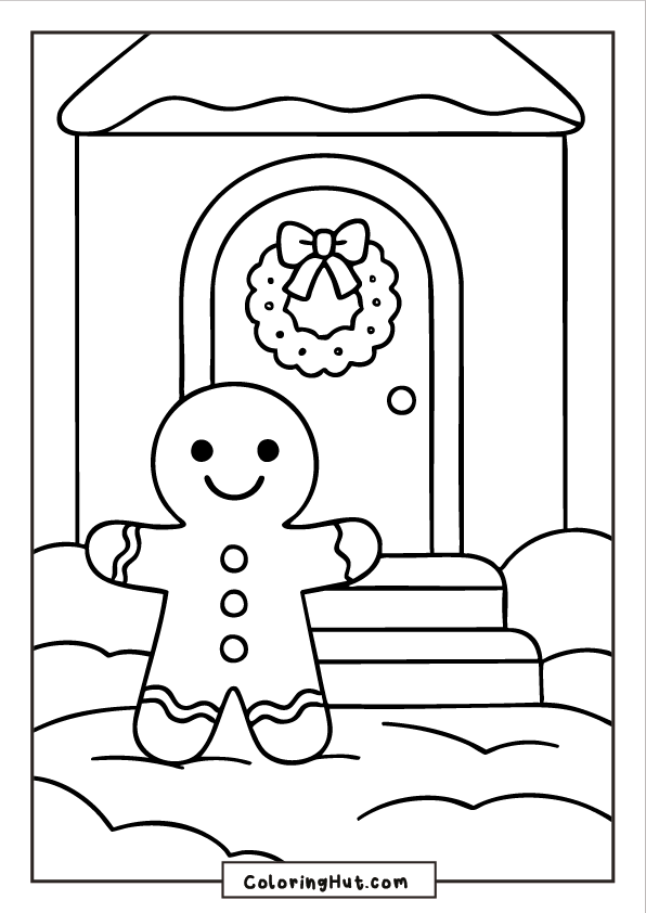 A joyful gingerbread man standing on a snowy doorstep in front of a decorated house door with a wreath.