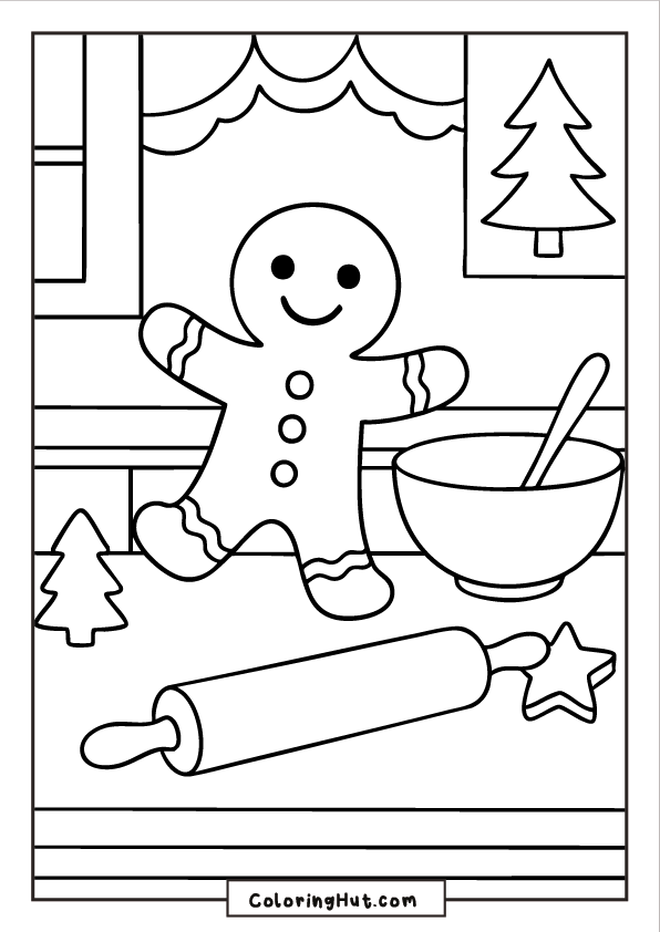 A joyful gingerbread man inside a Christmas kitchen scene, with a mixing bowl, spoon, rolling pin, cookie cutter, and a decorated tree by the window.