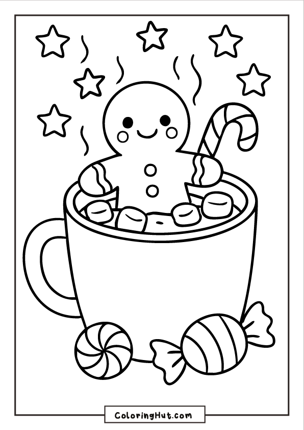 A smiling gingerbread man sitting inside a mug of hot cocoa with marshmallows, a candy cane, peppermint candies, and stars floating above.