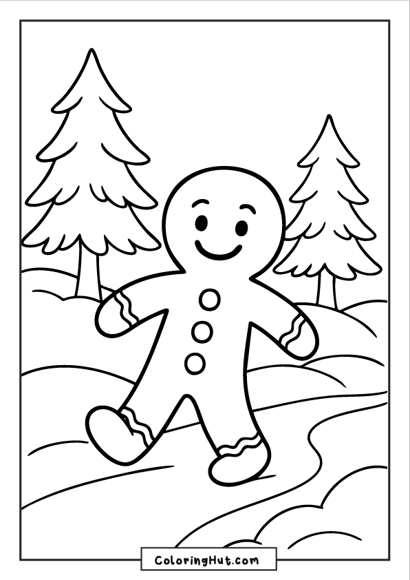 A cheerful gingerbread man walking along a snowy winding path surrounded by tall pine trees.