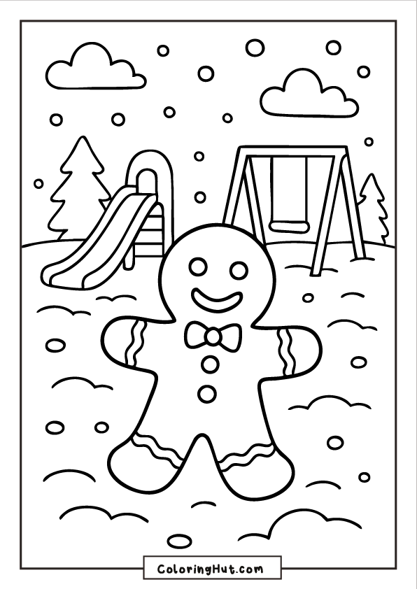 A happy gingerbread man with a bow tie standing in a snowy playground with a slide, swings, pine trees, and falling snow.