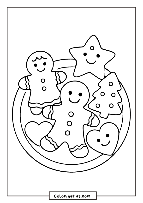 A plate filled with assorted cookies including a gingerbread man, a gingerbread girl, a star cookie, and two heart cookies arranged together.