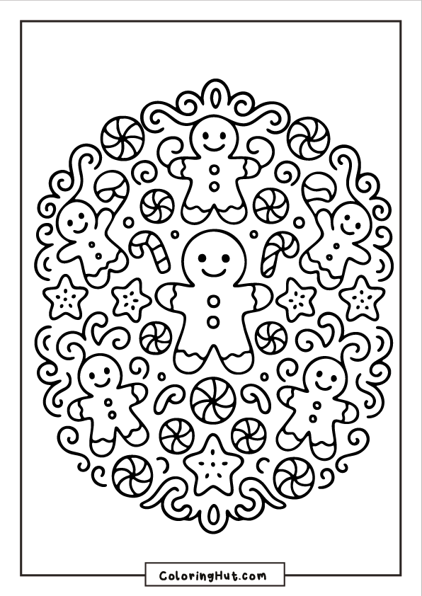 A circular mandala pattern made of gingerbread men, peppermint candies, stars, and icing-style shapes arranged in detailed symmetrical layers.