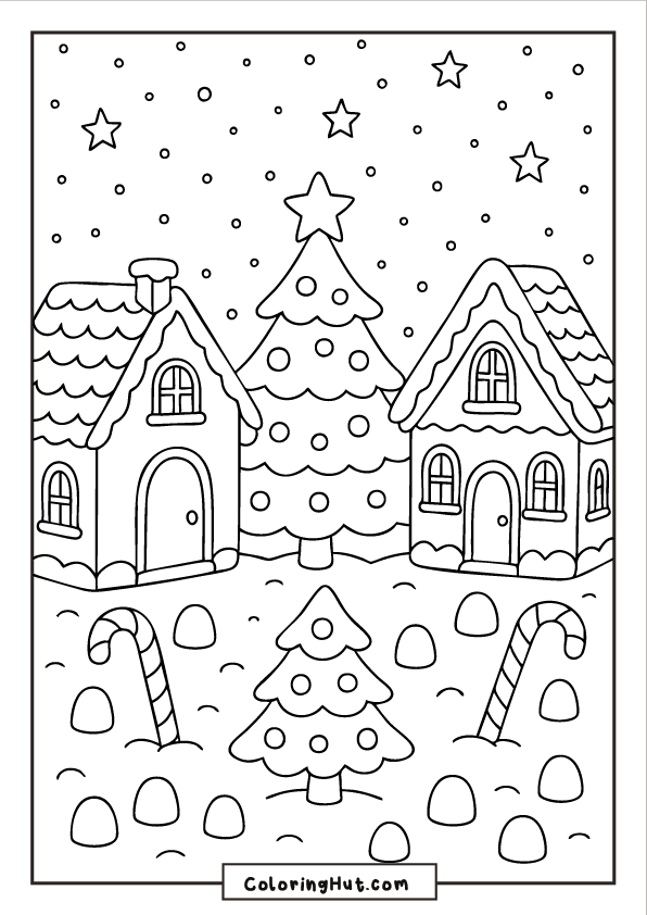 A snowy gingerbread village scene with two decorated houses, Christmas trees, candy canes, and stars in the sky.
