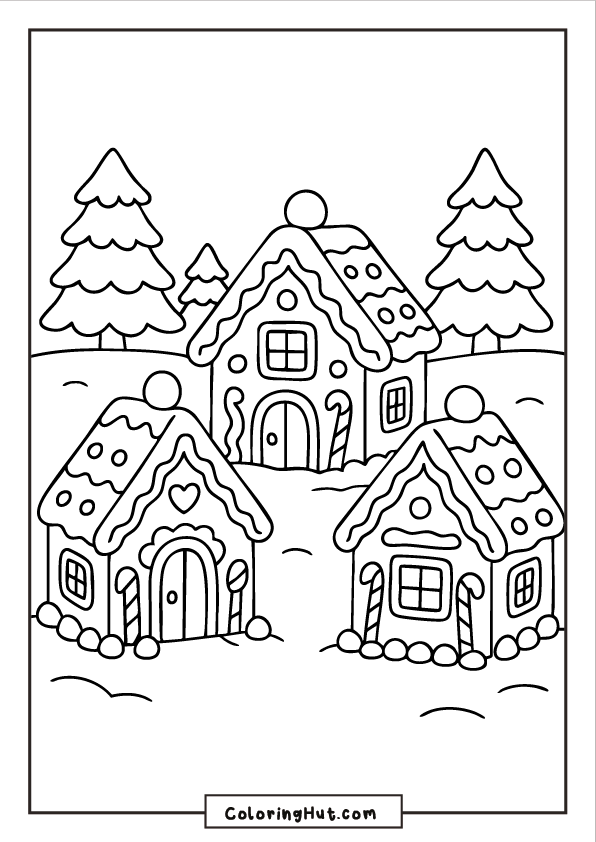 A snowy gingerbread village scene featuring three decorated candy houses surrounded by evergreen trees.