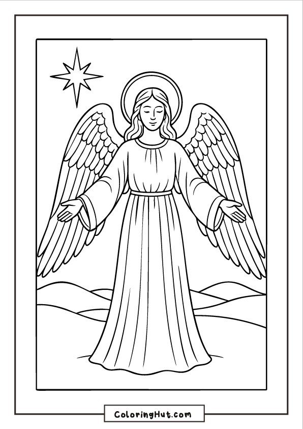 A serene guardian angel standing with open arms, detailed wings, and a bright star shining above a peaceful landscape.