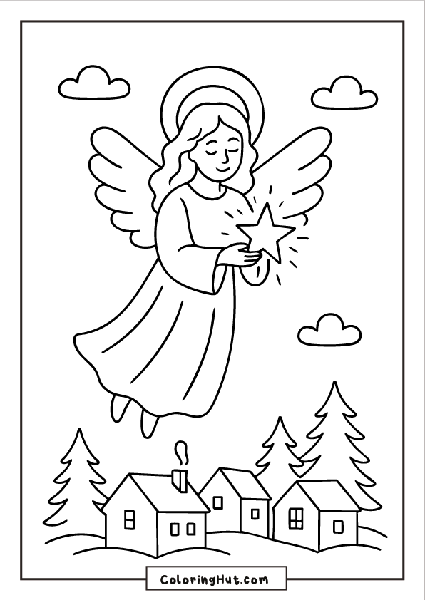 A gentle guardian angel floating above a small winter village while holding a glowing star in her hands.