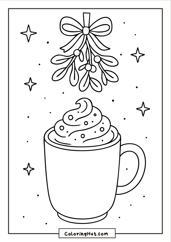 A mug of hot cocoa topped with whipped cream sitting beneath a hanging mistletoe bunch with a ribbon, surrounded by small stars.