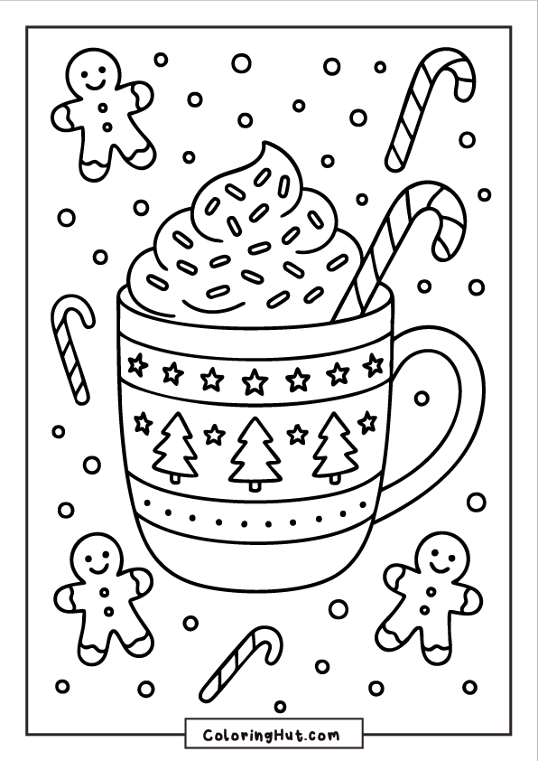 A festive mug of whipped hot cocoa decorated with trees, surrounded by candy canes, gingerbread cookies, and falling snow.