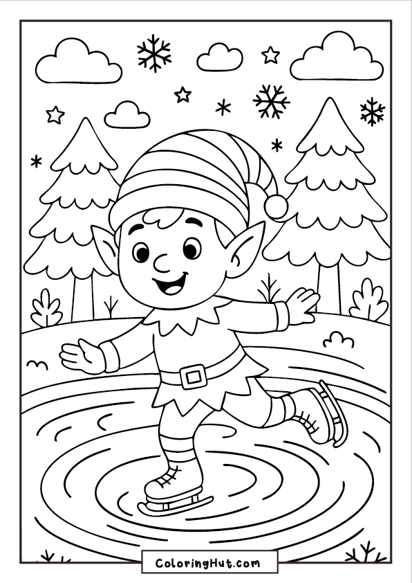 A happy elf ice skating on a frozen pond surrounded by snowy hills, pine trees, clouds, and falling snowflakes.