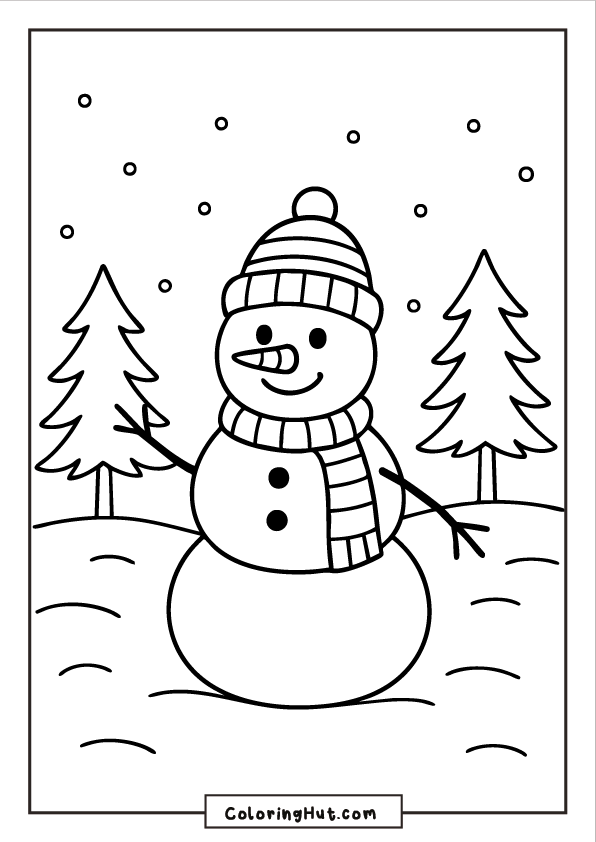 A smiling snowman with a striped scarf and winter hat standing in a snowy forest clearing, with two pine trees and falling snow in the background.