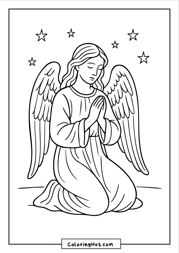 A peaceful angel kneeling in prayer with detailed wings, surrounded by soft stars in the night sky.