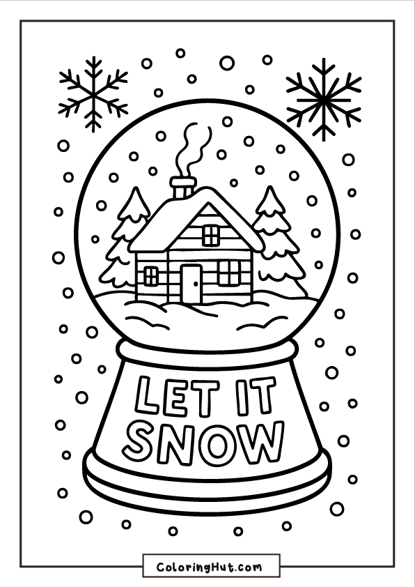 A snow globe featuring a cozy winter cabin with pine trees and falling snow, sitting on a base labeled “Let It Snow,” with snowflakes around the frame.