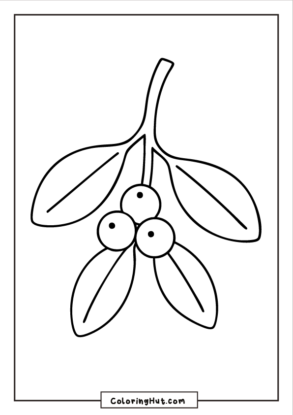 A simple mistletoe branch with leaves and three round berries in a clean outline style.