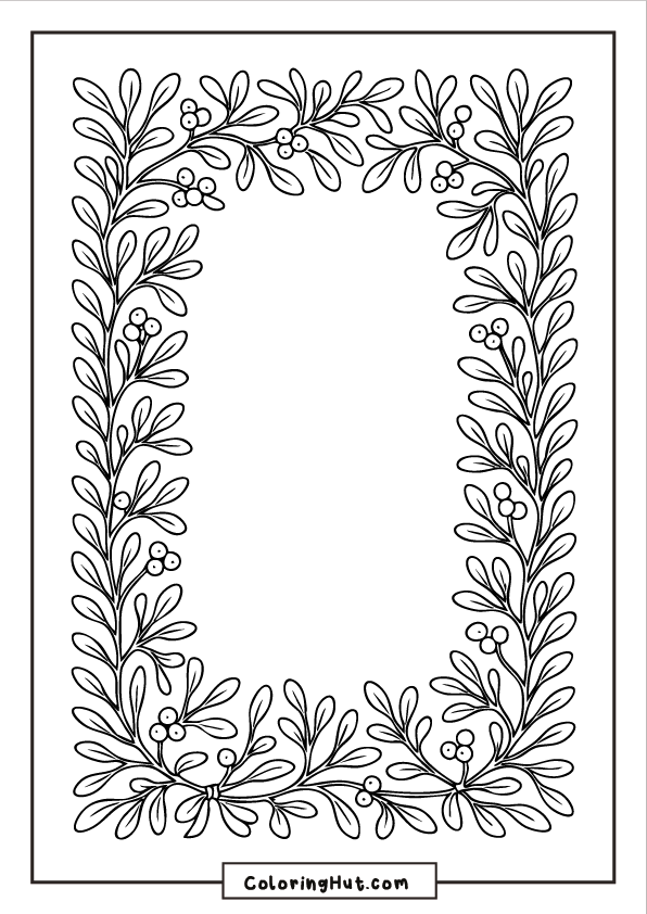 A rectangular frame made entirely of mistletoe leaves and berries forming a decorative holiday border.