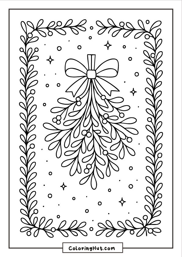 A mistletoe-themed border surrounding a central hanging mistletoe bunch tied with a ribbon, with small stars and dots filling the background.