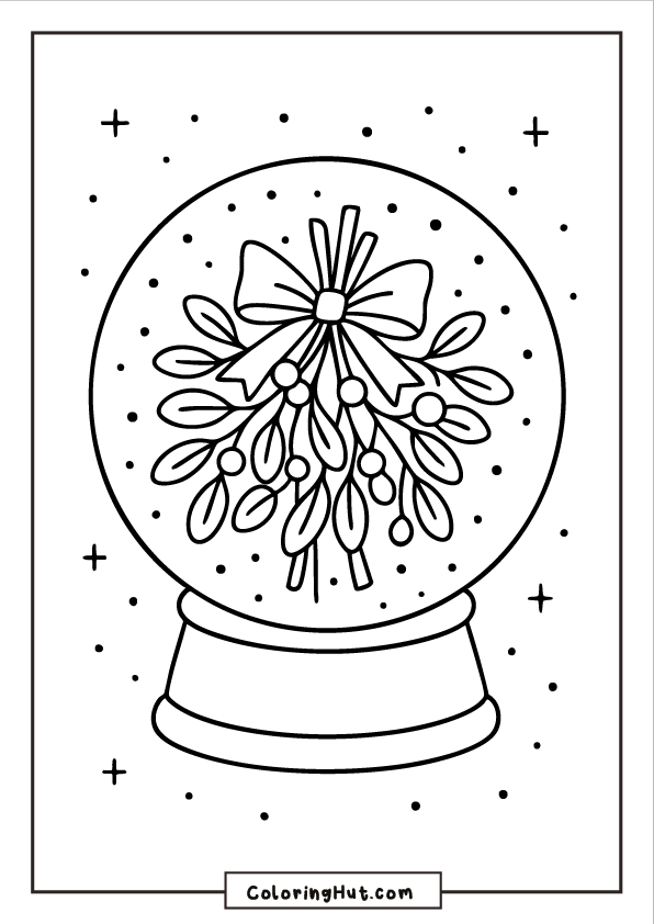 A holiday snow globe featuring a mistletoe bunch with a ribbon inside, surrounded by falling dots and stars.