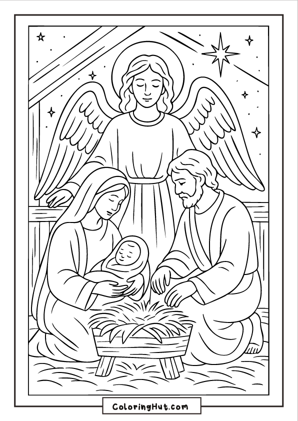 A peaceful nativity scene with Mary and Joseph beside baby Jesus in a manger, with a guardian angel watching over them under a shining star.