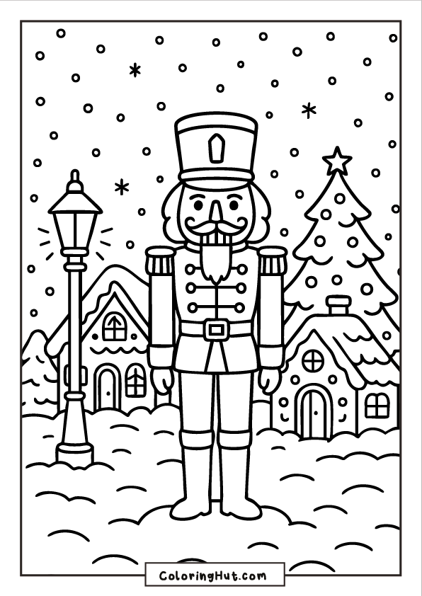 A Nutcracker soldier standing in a snowy Christmas village with decorated houses, a streetlamp, a Christmas tree, and falling snow.