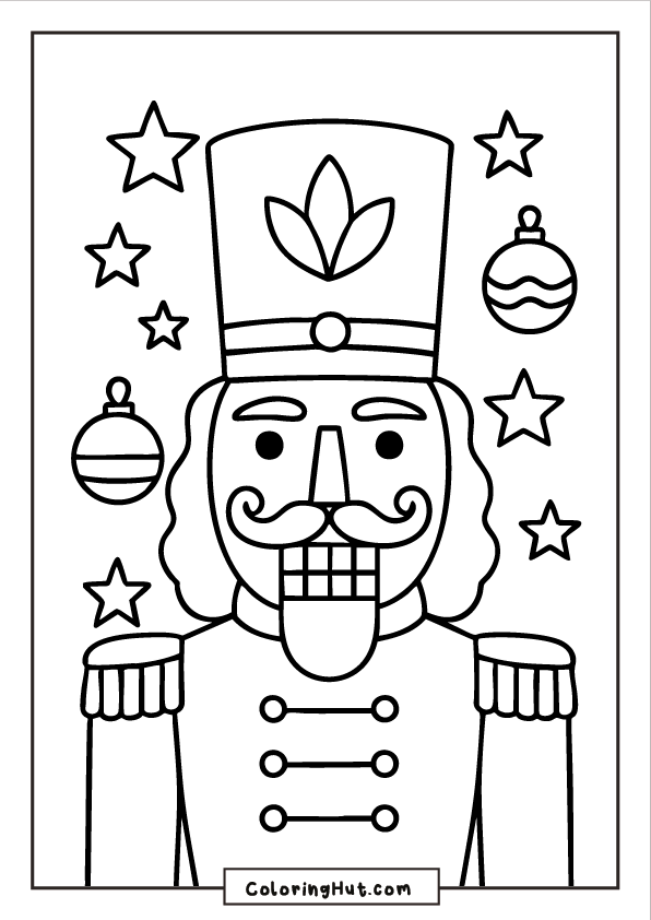 A close-up Nutcracker head with a tall hat, mustache, wide smile, stars, and Christmas ornaments surrounding it.