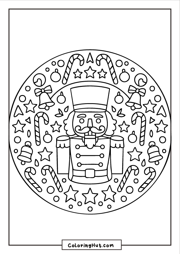 A circular mandala featuring a Nutcracker soldier at the center, surrounded by candy canes, stars, bows, and ornaments in repeating patterns.