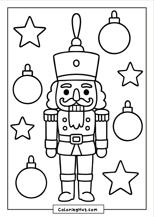 A classic Nutcracker figure surrounded by Christmas ornaments and stars arranged in a simple decorative layout.