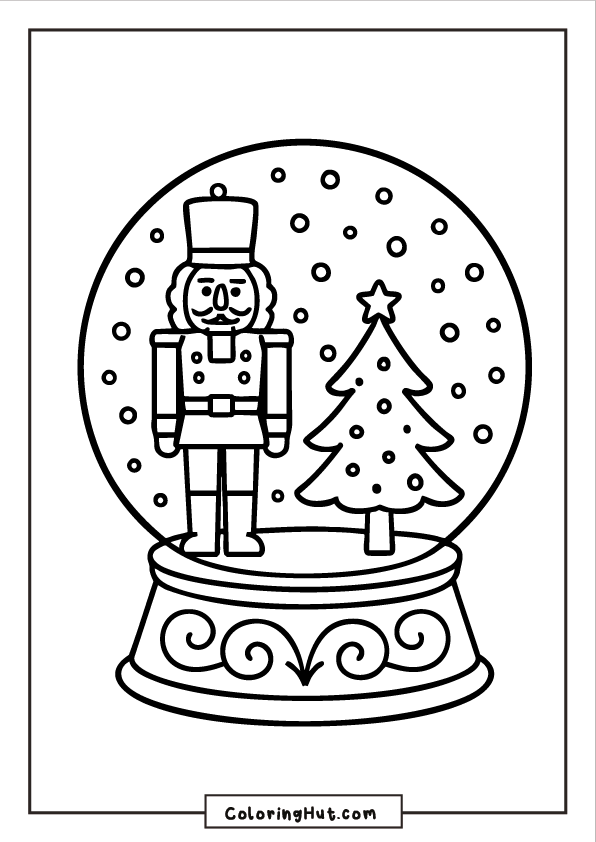 A snow globe containing a classic Nutcracker soldier standing beside a Christmas tree, with falling snow inside the globe.