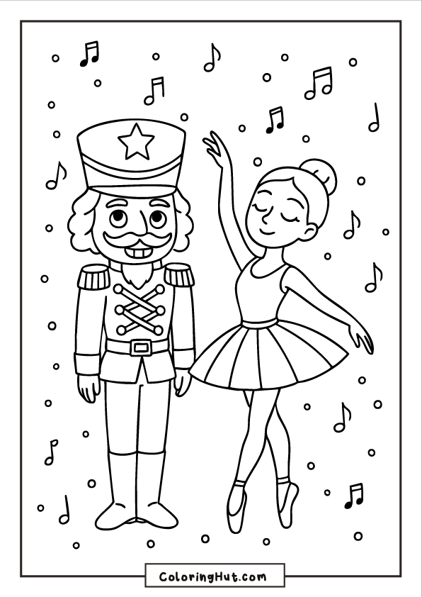 A Nutcracker soldier standing beside a ballerina mid-dance, surrounded by musical notes and falling snow.