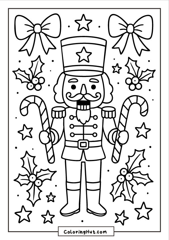 A Nutcracker holding two candy canes, surrounded by holly leaves, bows, stars, and snow in a festive border.