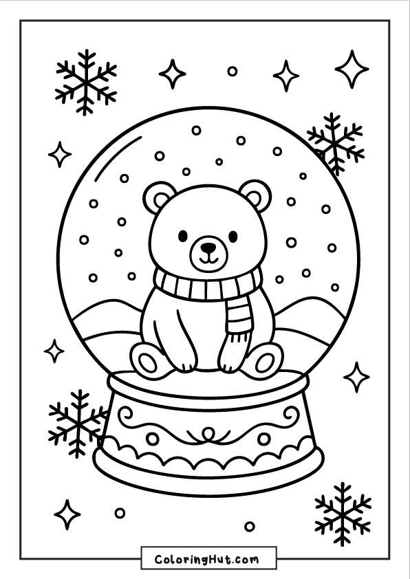 A snow globe with a sitting polar bear wearing a scarf, surrounded by stars and snowflakes in a wintery background.