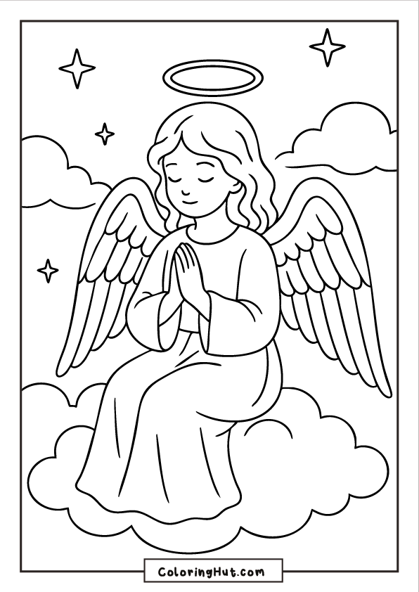 A gentle angel sitting on a fluffy cloud with hands folded in prayer, surrounded by soft stars and drifting clouds.