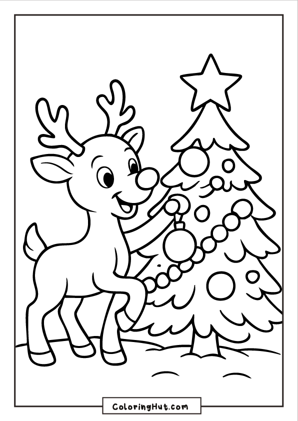 Rudolph smiling while placing ornaments on a decorated Christmas tree with baubles, garlands, and a star on top.
