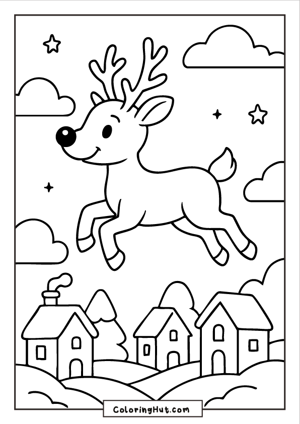 Rudolph leaping through the sky above snowy village houses, with clouds and stars surrounding him.