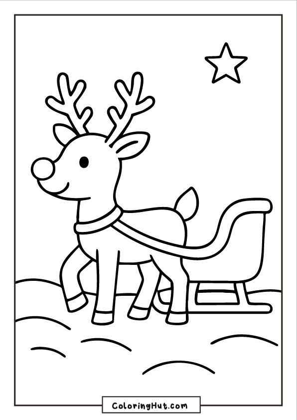 Rudolph wearing a harness and pulling Santa’s sleigh across snowy ground under a single shining star.