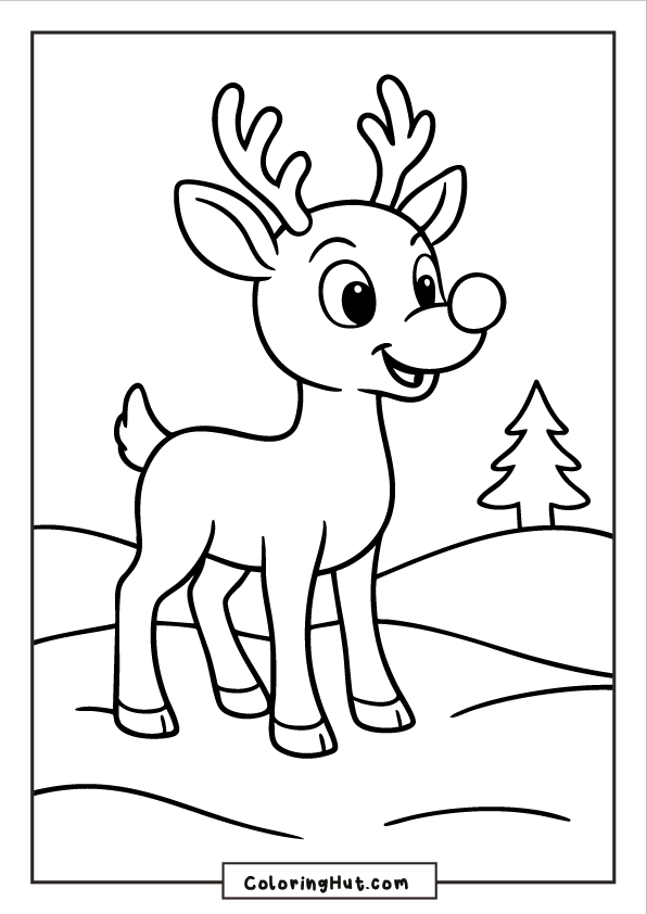 A cheerful Rudolph standing on rolling snowy hills with a single pine tree in the background.